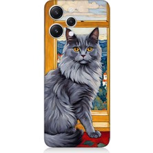 Teknomeg Xiaomi Redmi 12 Uyumlu Kül Rengi Tüylü Kedi Desenli Silikon Kılıf