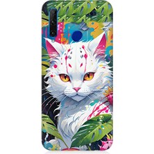 Teknomeg Huawei Honor 20 Lite Uyumlu Beyaz Kedi ve Ejder Meyvesi Desenli Silikon Kılıf