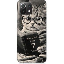 Teknomeg Xiaomi Mi 11 Lite Uyumlu Kitap Okuyan Kedi Desenli Silikon Kılıf