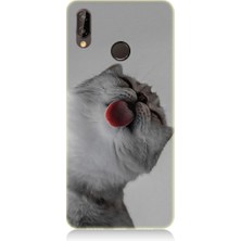 Teknomeg Huawei P20 Lite Uyumlu Dilini Çıkaran Kedi Desenli Silikon Kılıf