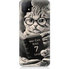 Teknomeg Oppo A53 Uyumlu Kitap Okuyan Kedi Desenli Silikon Kılıf