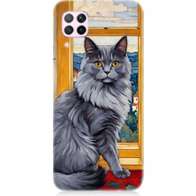 Teknomeg Huawei P40 Lite Uyumlu Kül Rengi Tüylü Kedi Desenli Silikon Kılıf