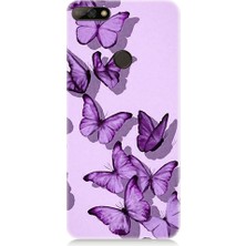 Teknomeg Huawei Y7 2018 Uyumlu Mor Kelebekler Desenli Silikon Kılıf