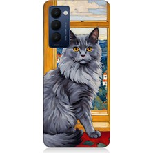 Teknomeg Tecno Camon 18 Uyumlu Kül Rengi Tüylü Kedi Desenli Silikon Kılıf