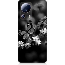 Teknomeg Xiaomi Mi 13 Lite Uyumlu Siyah Beyaz Kelebek ve Çiçek Desenli Silikon Kılıf