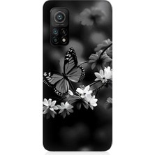 Teknomeg Xiaomi Mi 10T Pro Uyumlu Siyah Beyaz Kelebek ve Çiçek Desenli Silikon Kılıf