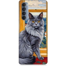 Teknomeg Oppo Reno 4 Pro Uyumlu Kül Rengi Tüylü Kedi Desenli Silikon Kılıf