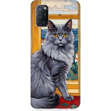 Teknomeg Oppo A72 Uyumlu Kül Rengi Tüylü Kedi Desenli Silikon Kılıf