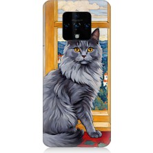 Teknomeg Tecno Camon 16 Uyumlu Kül Rengi Tüylü Kedi Desenli Silikon Kılıf
