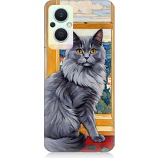 Teknomeg Oppo Reno 7 Lite Uyumlu Kül Rengi Tüylü Kedi Desenli Silikon Kılıf