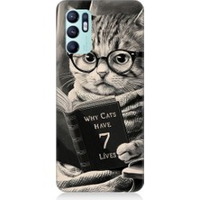Teknomeg Oppo Reno 6 Uyumlu Kitap Okuyan Kedi Desenli Silikon Kılıf