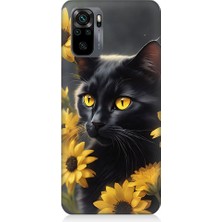 Teknomeg Xiaomi Redmi Note 10 Uyumlu Sarı Çiçekler ve Kara Kedi Desenli Silikon Kılıf