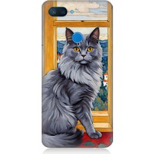 Teknomeg Xiaomi Mi 8 Lite Uyumlu Kül Rengi Tüylü Kedi Desenli Silikon Kılıf