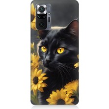 Teknomeg Xiaomi Redmi Note 10 Pro Uyumlu Sarı Çiçekler ve Kara Kedi Desenli Silikon Kılıf