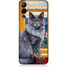 Teknomeg Tecno Pova 3 Uyumlu Kül Rengi Tüylü Kedi Desenli Silikon Kılıf