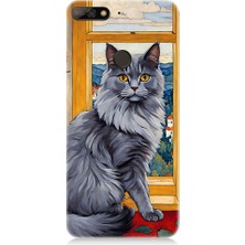 Teknomeg Huawei Y7 2018 Uyumlu Kül Rengi Tüylü Kedi Desenli Silikon Kılıf