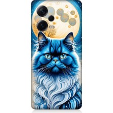 Teknomeg Xiaomi Redmi Note 12 Pro Plus Uyumlu Asil Mavi Kedi ve Ay Desenli Silikon Kılıf
