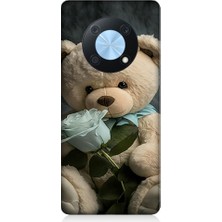 Teknomeg Huawei Nova Y90 Uyumlu Peluş Ayı ve Gül Desenli Silikon Kılıf