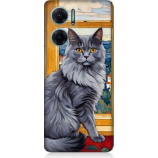 Teknomeg Xiaomi Redmi Note 11E Uyumlu Kül Rengi Tüylü Kedi Desenli Silikon Kılıf