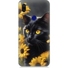 Teknomeg Xiaomi Redmi Note 7 Uyumlu Sarı Çiçekler ve Kara Kedi Desenli Silikon Kılıf