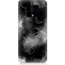 Teknomeg Tecno Camon 16 Uyumlu Siyah Beyaz Gezegenler Desenli Silikon Kılıf