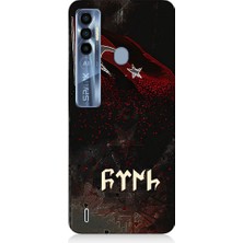 Teknomeg Tecno Spark 7 Pro Uyumlu Bayrak ve Göktürkçe Türk Desenli Silikon Kılıf