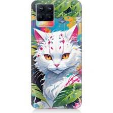 Teknomeg Realme 8 Uyumlu Beyaz Kedi ve Ejder Meyvesi Desenli Silikon Kılıf