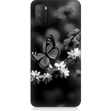 Teknomeg Xiaomi Poco M3 Uyumlu Siyah Beyaz Kelebek ve Çiçek Desenli Silikon Kılıf