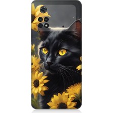 Teknomeg Xiaomi Poco M4 Pro Uyumlu Sarı Çiçekler ve Kara Kedi Desenli Silikon Kılıf