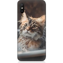 Teknomeg Xiaomi Redmi 9A Uyumlu Banyo Yapan Kedi Desenli Silikon Kılıf