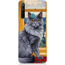Teknomeg Realme 5i Uyumlu Kül Rengi Tüylü Kedi Desenli Silikon Kılıf