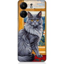 Teknomeg Xiaomi Redmi 13C Uyumlu Kül Rengi Tüylü Kedi Desenli Silikon Kılıf