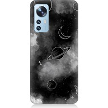 Teknomeg Xiaomi 12 Uyumlu Siyah Beyaz Gezegenler Desenli Silikon Kılıf