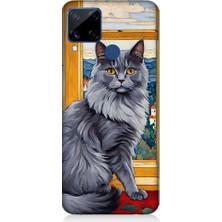 Teknomeg Realme C15 Uyumlu Kül Rengi Tüylü Kedi Desenli Silikon Kılıf