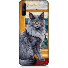 Teknomeg Realme C3 Uyumlu Kül Rengi Tüylü Kedi Desenli Silikon Kılıf