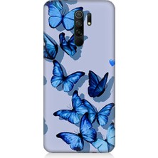 Teknomeg Xiaomi Redmi 9 Uyumlu Mavi Kelebekler   Desenli Silikon Kılıf