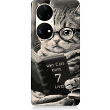 Teknomeg Huawei P50 Pro Uyumlu Kitap Okuyan Kedi Desenli Silikon Kılıf