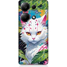 Teknomeg Xiaomi Redmi Note 13 Pro 4g Uyumlu Beyaz Kedi ve Ejder Meyvesi Desenli Silikon Kılıf