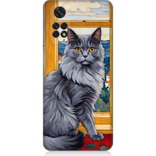Teknomeg Xiaomi Redmi Note 11 Uyumlu Kül Rengi Tüylü Kedi Desenli Silikon Kılıf