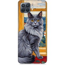 Teknomeg Oppo Reno 4 Lite Uyumlu Kül Rengi Tüylü Kedi Desenli Silikon Kılıf