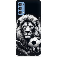 Teknomeg Oppo Reno 4 Uyumlu Siyah Beyaz Aslan ve Futbol Topu Desenli Silikon Kılıf