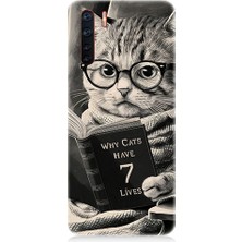Teknomeg Oppo Reno 3 Uyumlu Kitap Okuyan Kedi Desenli Silikon Kılıf