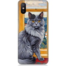 Teknomeg Xiaomi Mi A2 Uyumlu Kül Rengi Tüylü Kedi Desenli Silikon Kılıf