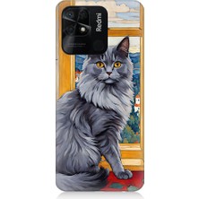 Teknomeg Xiaomi Redmi 10C Uyumlu Kül Rengi Tüylü Kedi Desenli Silikon Kılıf