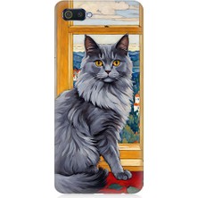 Teknomeg Realme C2 Uyumlu Kül Rengi Tüylü Kedi Desenli Silikon Kılıf