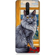 Teknomeg Xiaomi Redmi K30 Uyumlu Kül Rengi Tüylü Kedi Desenli Silikon Kılıf