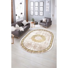Napoli Home Dijital Kaymaz Yıkanabilir Çerçeveli Oval Yolluk Mutfak Salon Halısı, N-O-Çerçeveli-12-Krem,