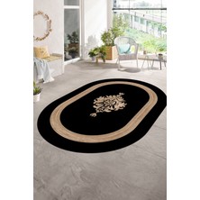 Napoli Home Dijital Kaymaz Yıkanabilir Çerçeveli Oval Yolluk Mutfak Salon Halısı, N-O-Çerçeveli-46-Siyah,