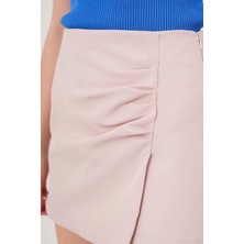 Kadın Önü Büzgülü Şort Etek Bej