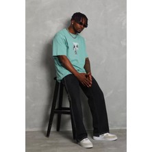 Axxan  Oversize Baskılı Bisiklet Yaka T-Shirt - Mint Yeşili